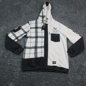 FreshHoods Hoodie Mens XL White Black Zip Plaid Cat Pocket Graphic Jacket NWT